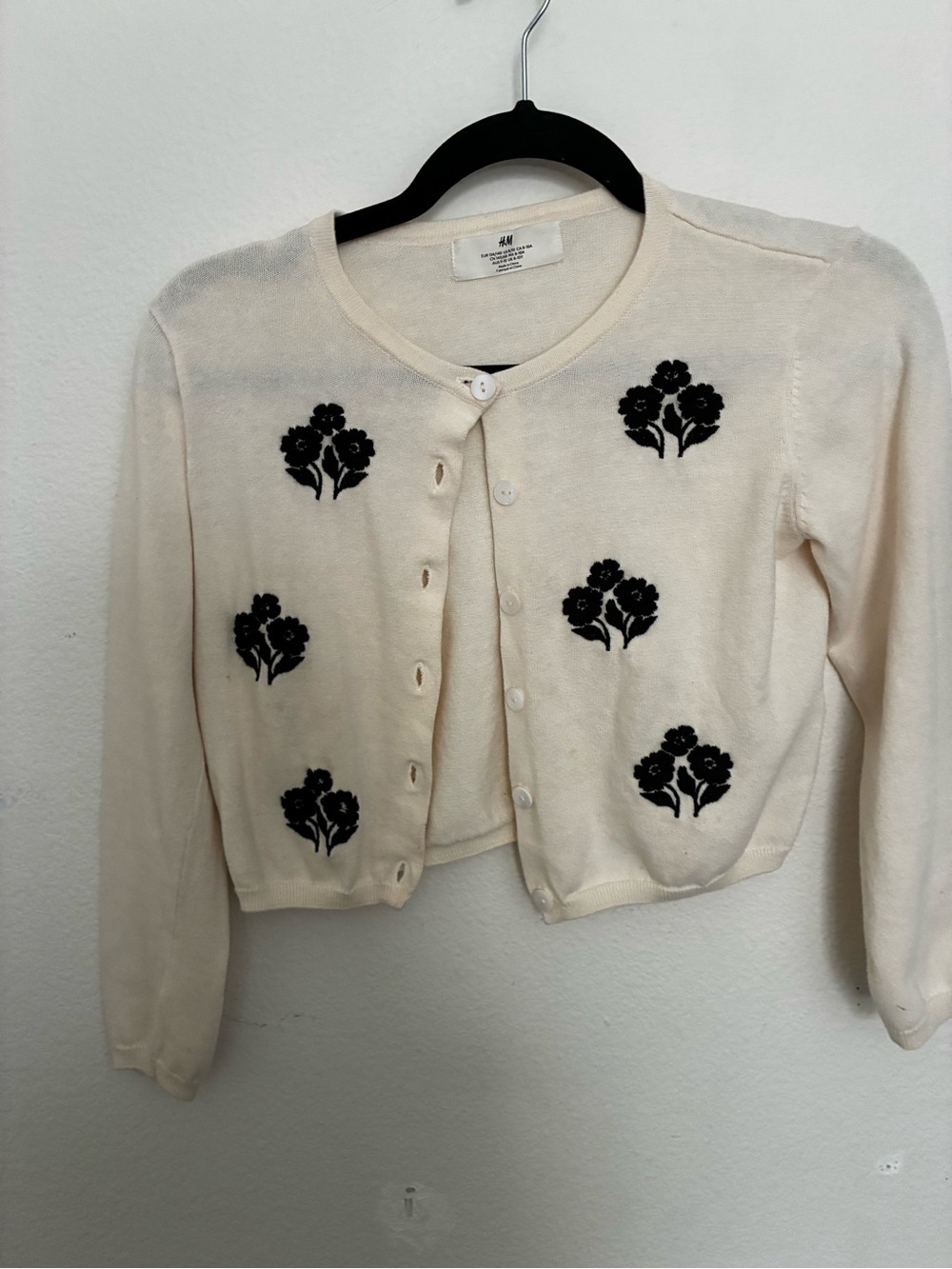 H&M Cream Cropped Cardigan with Black Floral Embroidery